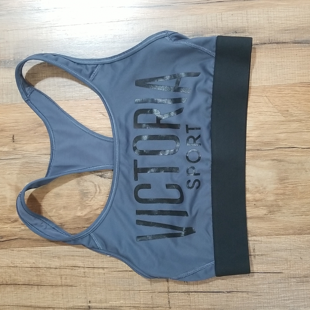 VICTORIA SPORT Gray & Black Spellout Racerback Sports Bra